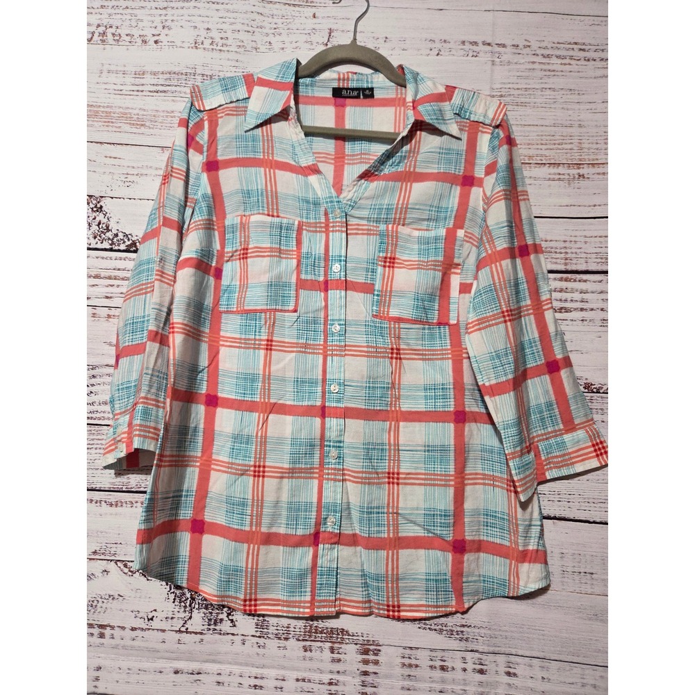 ana A New Approach Plaid Button Down Blouse Pink Blue 3/4 Roll Tab Sleeve Medium